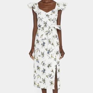 Tanya Taylor white floral linen Alyna belted midi dress - size 4 (Small)